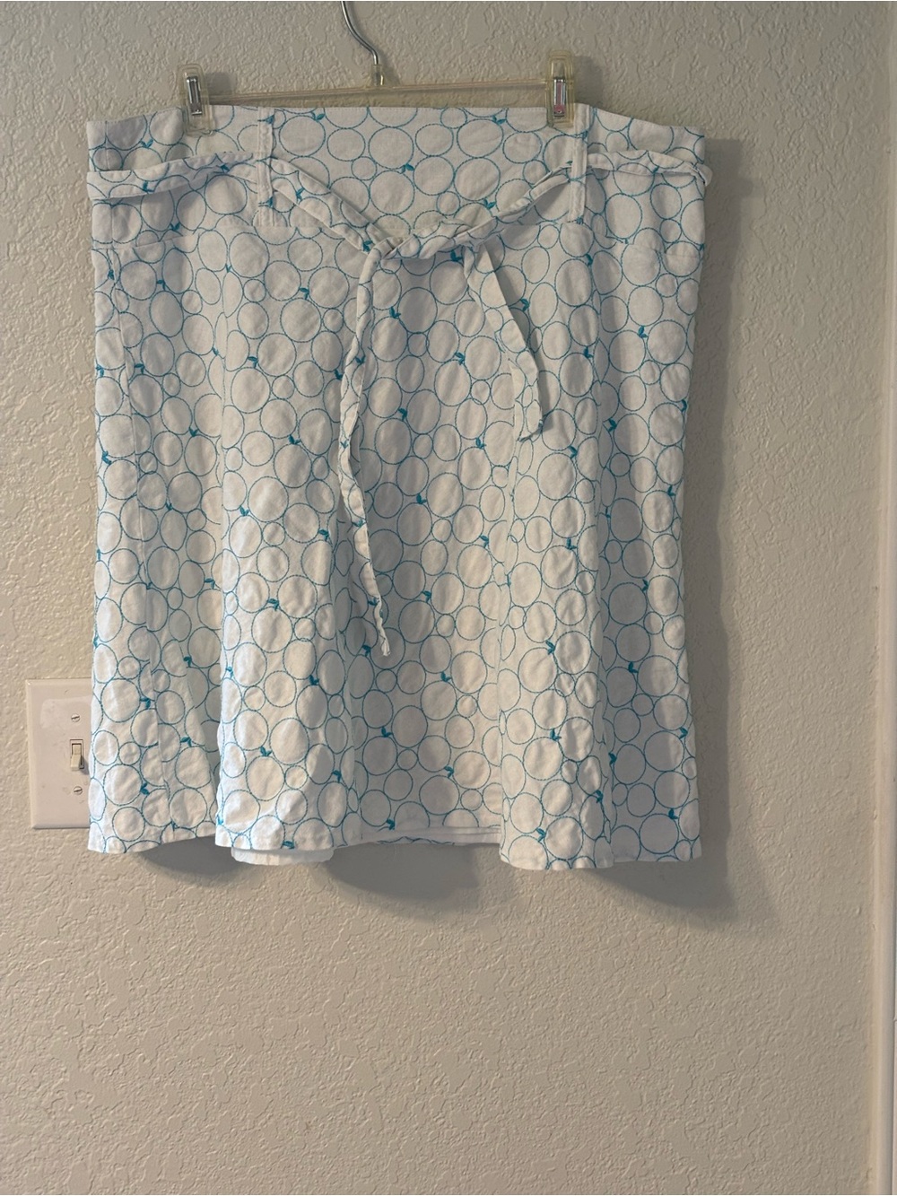 DJ & CO White linen blend belted embroidered skater style skirtTie Waist